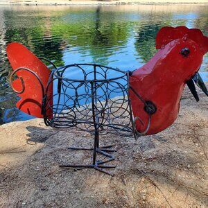 Large 23" Metal Rustic Red Rooster Planter, Garden Decor, Metal Art